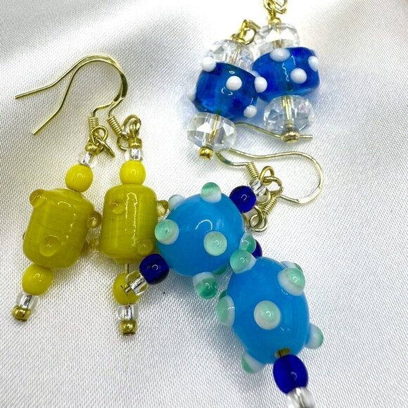 3 Sets REIMAGINED Venetian Lampwork Glass Bead Dangle Earrings 18K GP 925 Silver - Picture 6 of 7